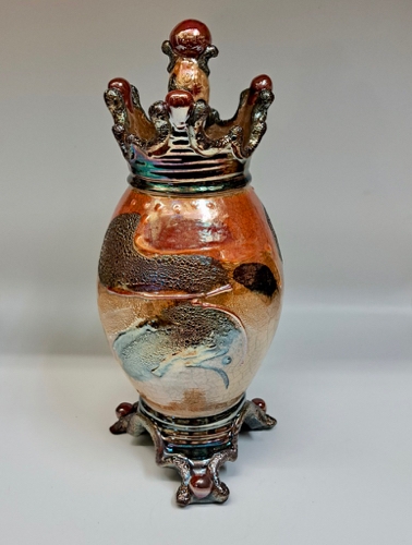 #221284 Raku Glitter Glaze Lidded Urn  $225 at Hunter Wolff Gallery